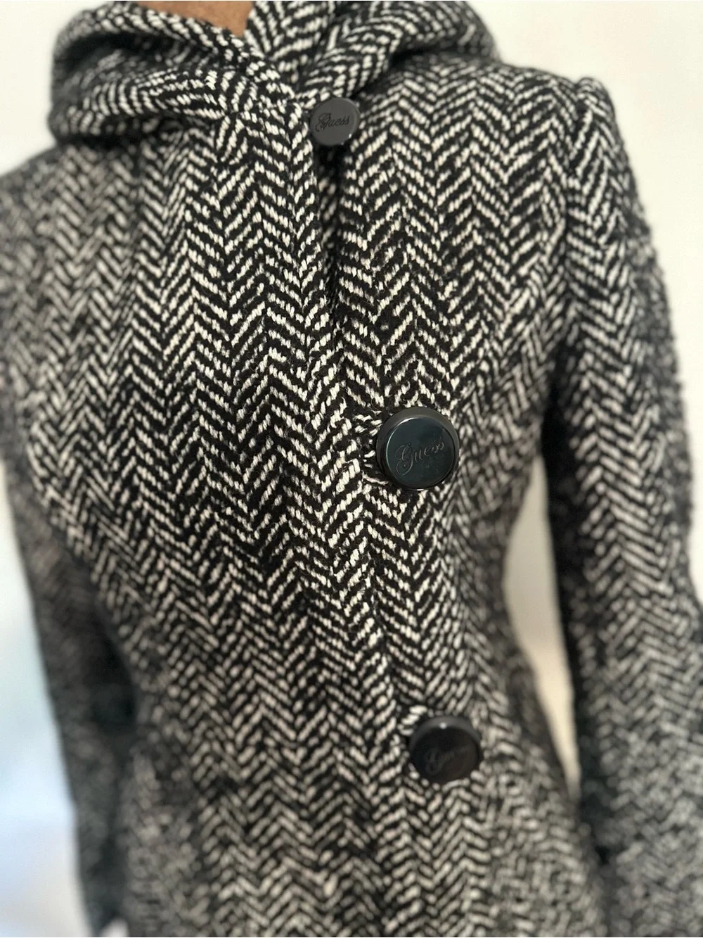 Guess Black and White Herringbone Hooded Fit-and-Flare Dress Coat
